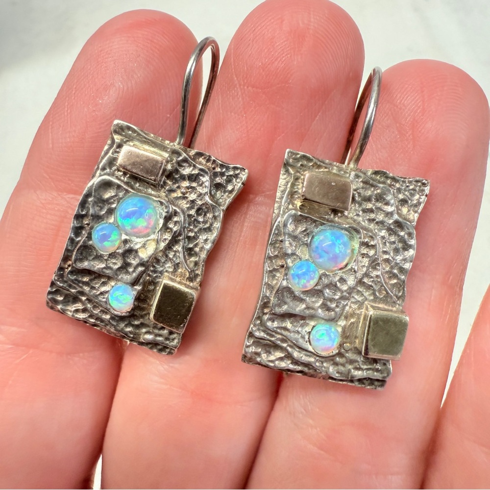 Artisan Gold Sterling Silver Lab Opal Textured Kidney Hook Earrings Modernist